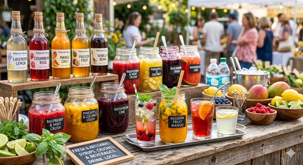 Artisanal syrups in glass bottles, fruit crushes in mason jars, and prepared drinks with fresh fruit and herbs at a market-style display
